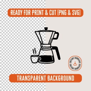 May include: Black and white illustration of a coffee pot and a cup of coffee. The coffee pot has a filter and a spout. The cup has steam coming from it. The image is on a transparent background.