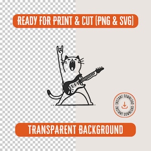 Peut inclure: Illustration en noir et blanc d'un chat jouant de la guitare &eacute;lectrique avec un geste de rock and roll. Le chat chante la bouche ouverte. L'image a un fond transparent.