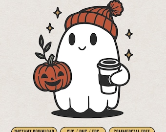 Cute Ghost SVG, Halloween SVG and PNG for Embroidery & Laser Cut, Kids Halloween Png Shirt Design, Bougie Ghost with Coffee png Trending svg