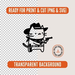 Op de afbeelding: Zwart-witte illustratie van een kat met een cowboyhoed die twee pistolen vasthoudt. De kat draagt ​​een bandana en een riem. De afbeelding heeft een transparante achtergrond.
