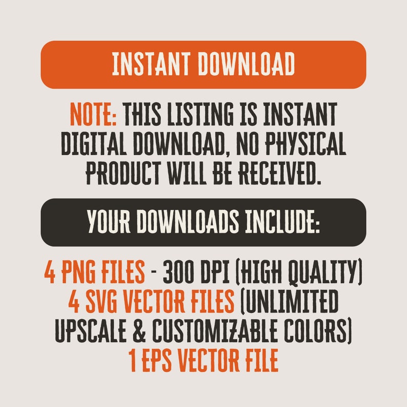 Op de afbeelding: Tekst op een zwarte en oranje achtergrond die "INSTANT DOWNLOAD" en "NOTE: THIS LISTING IS INSTANT DIGITAL DOWNLOAD, NO PHYSICAL PRODUCT WILL BE RECEIVED." luidt. Onder de tekst bevindt zich een zwarte rechthoek met de tekst "YOUR DOWNLOADS INCLUDE:" en een lijst met de bestanden die in de download zijn opgenomen: "4 PNG FILES - 300 DPI (HIGH QUALITY)" "4 SVG VECTOR FILES (UNLIMITED UPSCALE & CUSTOMIZABLE COLORS)" "1 EPS VECTOR FILE"
