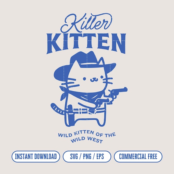 Killer Kitten Cowboy SVG file for Print & Cut, Western Style Cute Cat Cowboy with Guns T-Shirt Graphic PNG, Funny Kitty Cat Animal Wall Art