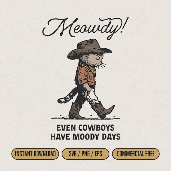 Sad Cat Cowboy SVG for Print & Cut, Western Style Moody Cowboy Cat Tshirt PNG, Vintage Country Wall Art, Kitten Cowboy Walking Sadly Clipart