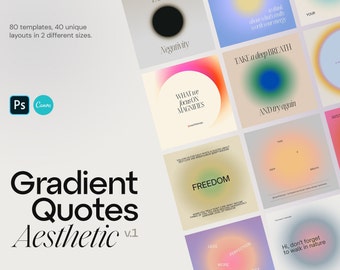 Plantillas de diseño de redes sociales con citas de degradado de Canva, 80 plantillas de degradado de aura estética. Portadas de carretes de Instagram de Canva con degradado espiritual