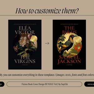 May include: Two book cover templates with a dark background and a circular image in the center. The first template features a floral image with the text "EL&Eacute;A VICTOR" and "THE VIRGINS" in white. The second template features a bird image with the text "THE BIRDS" and "SAMUEL JACKSON" in white.