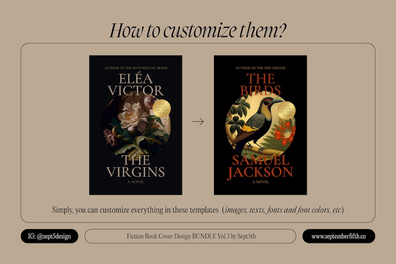 May include: Two book cover templates with a dark background and a circular image in the center. The first template features a floral image with the text "EL&Eacute;A VICTOR" and "THE VIRGINS" in white. The second template features a bird image with the text "THE BIRDS" and "SAMUEL JACKSON" in white.