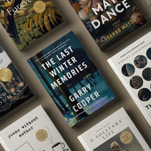 May include: A collection of books with various covers featuring different illustrations and text. The books are arranged in a grid pattern on a brown surface. Some of the books have gold stickers with text on them.