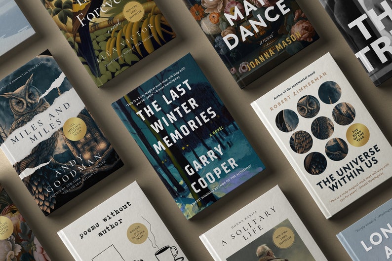 May include: A collection of books with various covers featuring different illustrations and text. The books are arranged in a grid pattern on a brown surface. Some of the books have gold stickers with text on them.