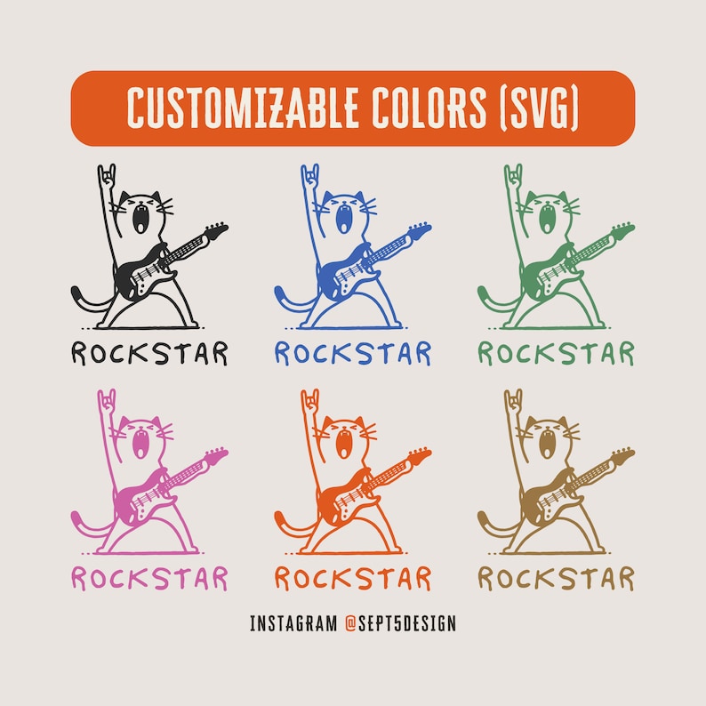 Peut inclure: Six illustrations d'un chat jouant de la guitare avec le mot "Rockstar" sous chaque image. Le chat est de diff&eacute;rentes couleurs&nbsp;: bleu, vert, noir, rose, orange et marron. Le texte "INSTAGRAM @SEPT5DESIGN" est en bas de l'image.