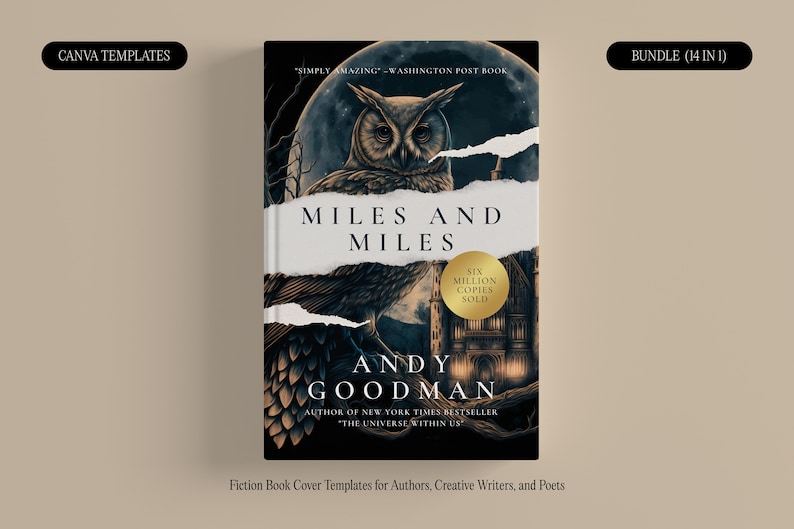 May include: A book cover template featuring an owl with a torn paper effect. The title is "Miles and Miles" by Andy Goodman. The tagline is "Six Million Copies Sold".