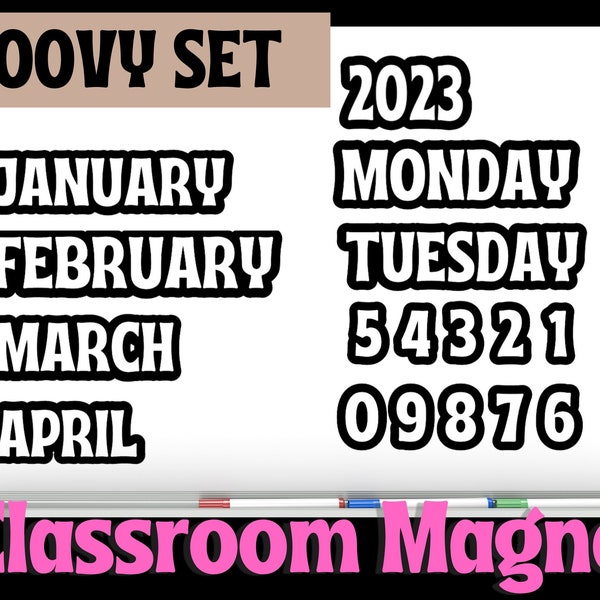 GROOVY FONT- Calendar Months Days Years Magnets for Classroom or Office Whiteboard | Vinyl Magnets | Calendar Magnets