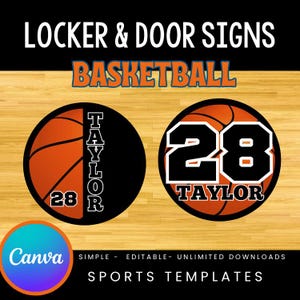 May include: Two basketball-themed locker and door signs. One sign features a basketball design with the name "Taylor" and the number "28". The other sign has the number "28" and the name "Taylor". The signs are on a wooden background.