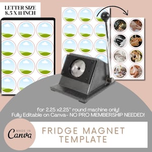 Puede incluir: Plantilla imprimible para imanes de nevera redondos de 2,25 x 2,25 pulgadas. La plantilla presenta un diseño de una colina verde con un cielo azul y nubes blancas. La plantilla es totalmente editable en Canva y no requiere una membresía Pro.