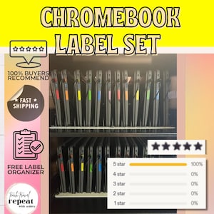 May include: A Chromebook label set featuring a collection of thin, rectangular labels in various colours including red, orange, yellow, green, and blue. The labels are applied to the edges of multiple laptops stored in a charging cart.