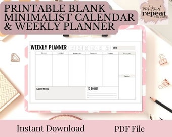 Weekly Planner, Simple Planner, 11 x 8.5 inches, Horizontal Printable Planner Pages, PDF Printable, Instant Download, To Do List, Notes