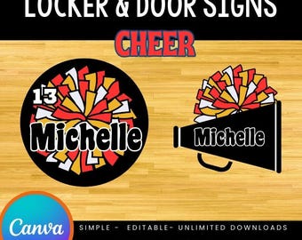 Peut inclure: Deux pancartes de vestiaire ou de porte de cheerleading imprimables. La première pancarte est un cercle avec un design de pompon rouge, blanc et jaune et le texte "13 Michelle". La deuxième pancarte est un mégaphone noir avec un design de pompon rouge, blanc et jaune et le texte "Michelle".