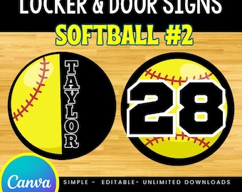 Placa de armário de softball editável e imprimível com recorte para decoração de armário, ideal para viagens de equipe e placas de porta para torneios. Modelo nº 2