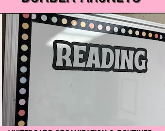 May include: Whiteboard with a colorful polka dot border and the word "READING" in large, silver letters. The text "WHITEBOARD ORGANIZATION & ROUTINES" is at the bottom of the board.