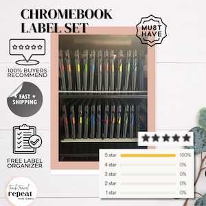 May include: A Chromebook label set featuring a storage cart with two shelves holding rows of laptops, each marked with a small coloured sticker. The image includes text reading CHROMEBOOK LABEL SET, MUST HAVE, 100% BUYERS RECOMMEND, and a 5-star rating chart.