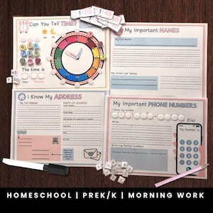 Puede incluir: Un conjunto de hojas de trabajo imprimibles para estudiantes de preescolar y jardín de infantes. Las hojas de trabajo incluyen actividades para aprender a decir la hora, escribir nombres y números de teléfono, y escribir una dirección. Las hojas de trabajo están diseñadas para ser utilizadas como trabajo de la mañana.