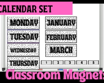 Minimalist B + W Calendar Month Days Magnets for Classroom or Office Whiteboard | Montessori Magnets | Boho Classroom Decor | Homeschool