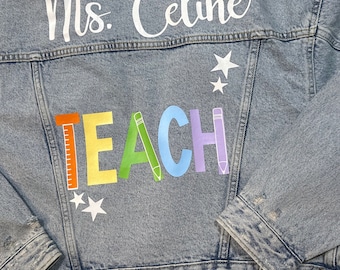 Custom Jean jacket teacher jean jackets denim jacket personalized tach jackets school glitter Crop  jacket professional teaching love jacket