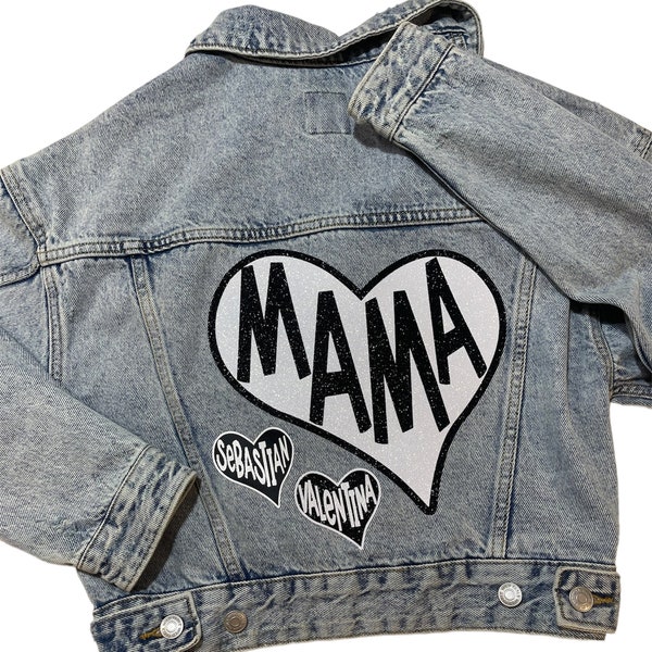 Custom Jean jacket Mama jackets denim jacket personalized mom jackets mother glitter Crop jacket baby shower jacket Mami mommy mothers day