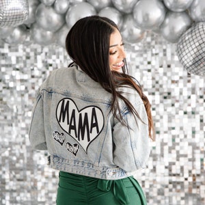 Custom Jean jacket Mama jackets denim jacket personalized mom jackets mother glitter Crop jacket baby shower jacket Mami mommy mothers day