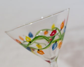 Hand Painted Holiday Martini Glass with Painted Christmas lights, Painted Holiday stemware, individual glass or set