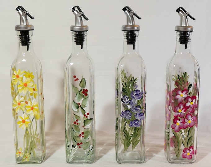 16oz Glass Oil & Vinegar bottles for kitchen, available as SET with matching Salt and Pepper shakers, hand painted with floral designs