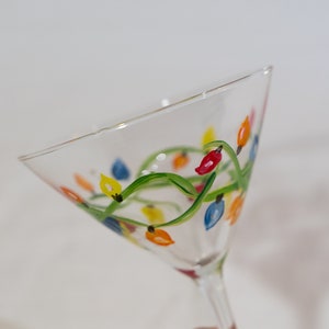Hand Painted Holiday Martini Glass with Painted Christmas lights, Painted Holiday stemware, individual glass or set