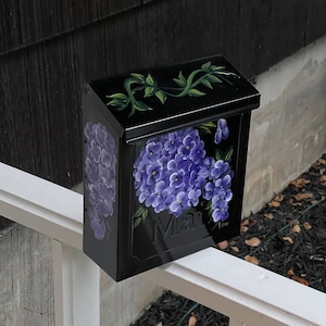 Hand Painted Hydrangea Wall-Mounting Mailbox, Black mailbox, Mother&#39;s day gift idea, gift for her