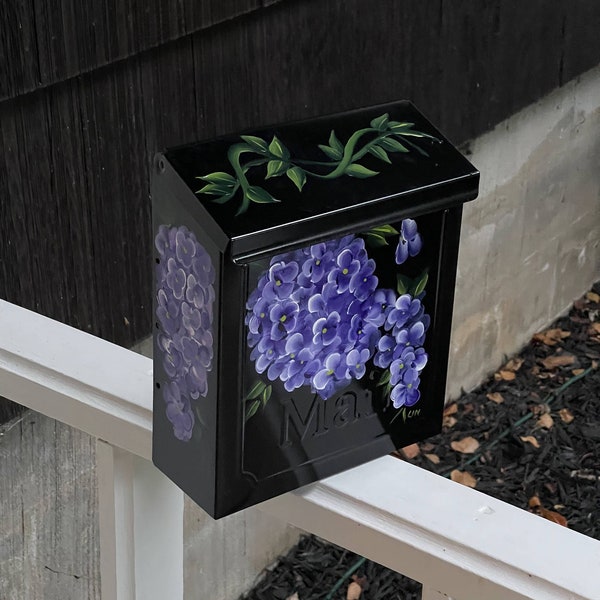 Hand Painted Hydrangea Wall-Mounting Mailbox, Black mailbox, Mother's day gift idea, gift for her