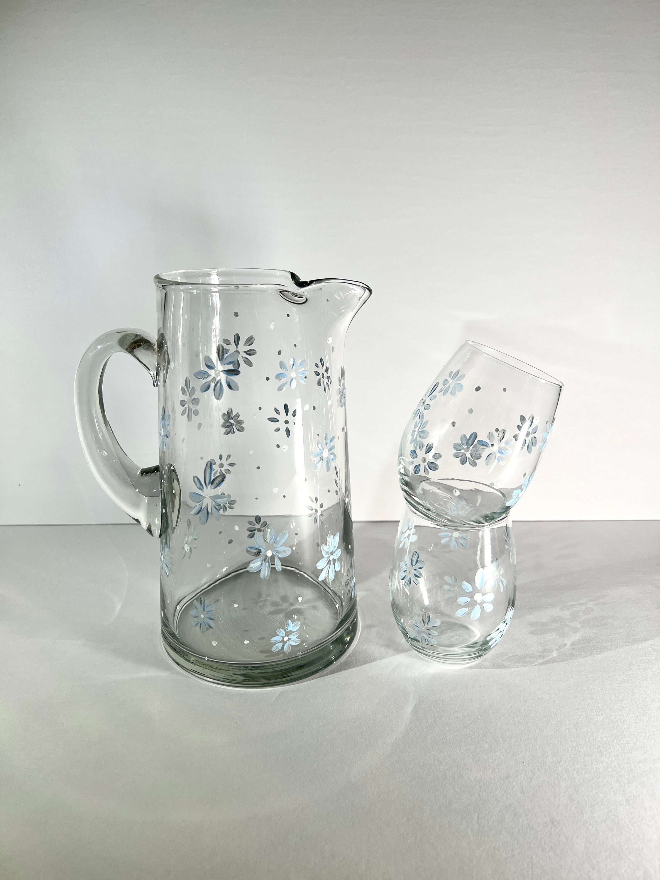 Small Round Honeycomb Glass Pitcher with Hand painted Blue Flowers - I Like  Mikes Mid Century Modern