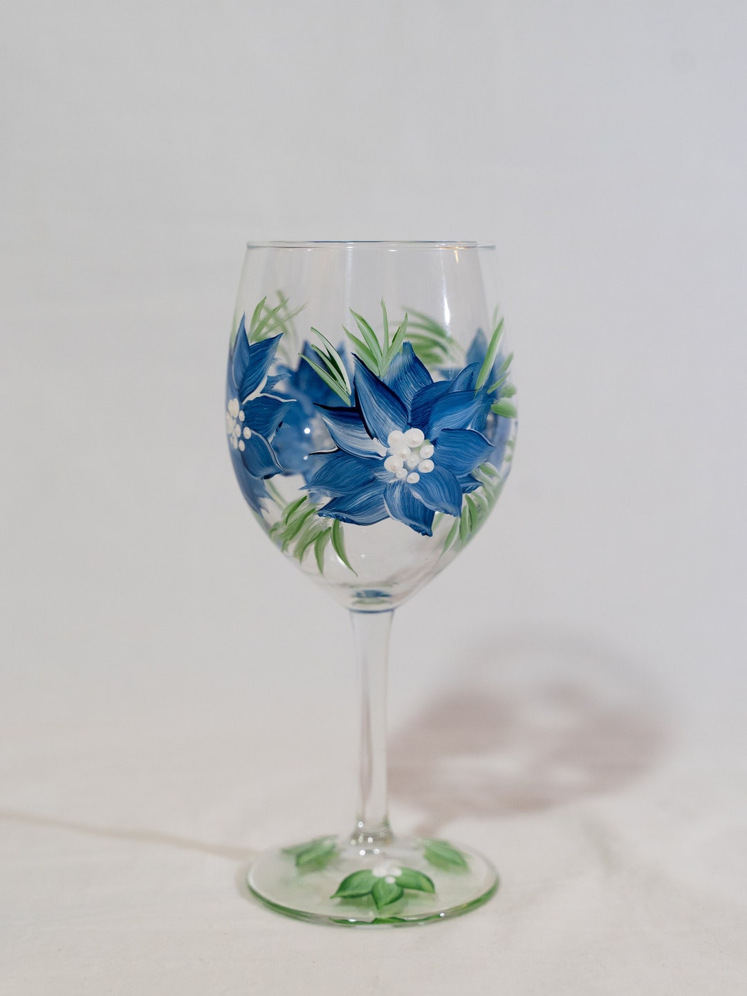 Hand Painted Blue Poinsettia Wine Glass, 15oz White Wine Glass or Set