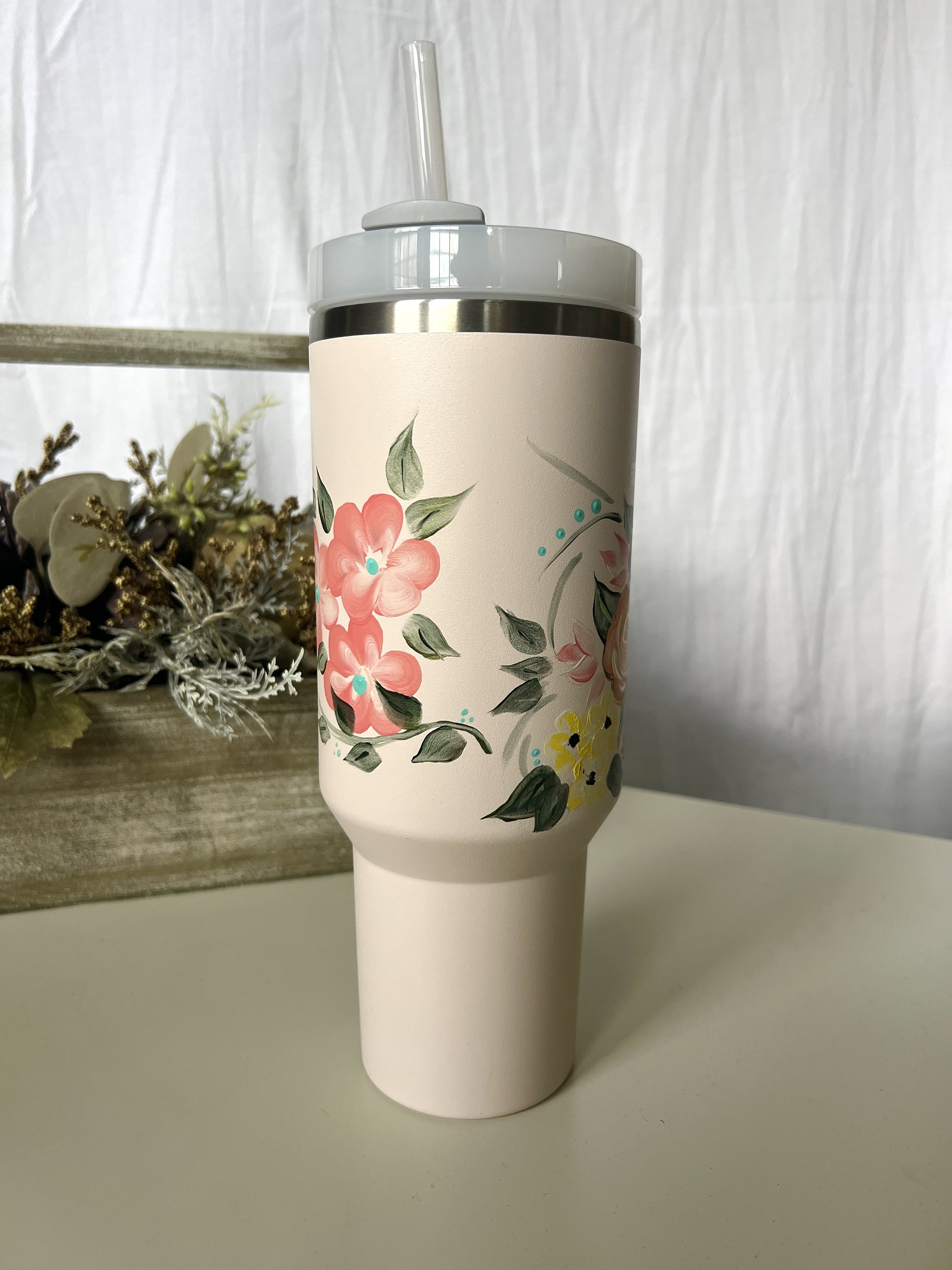 Painted Stanley 40oz Rose Quartz Tumbler Floral Design Etsy