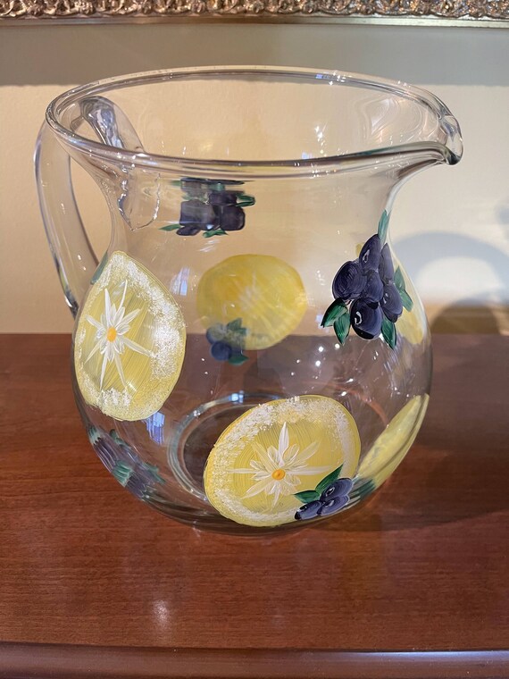 Hand Painted Lemon & Blueberry One Gallon Glass Pitcher set with Four  Matching 16oz Glasses