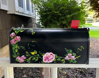 Hand painted roses and vines mailbox, standard size mailbox with pink & white roses, black or white mailbox, mother's day, gift for her
