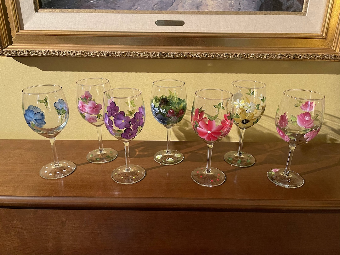 Hand Painted 15oz Assorted Floral Wine Glasses, MULTIPLE Designs