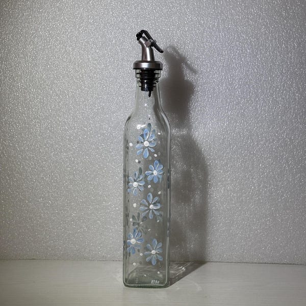 16oz Glass Oil & Vinegar bottles white and silver daisy snowflakes, available as SET with Salt and Pepper shakers, holiday or Christmas gift