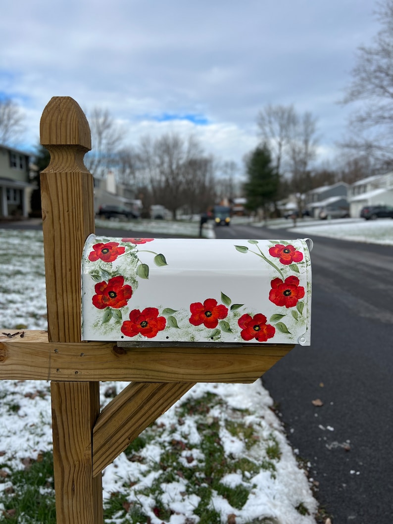 Hand Painted Poppy Mailbox, Red Poppy With Green Vines Mailbox, White ...
