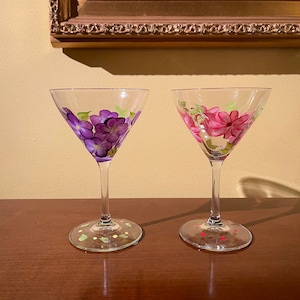 2 Purple flower hand painted martini glasses, spring martini glass