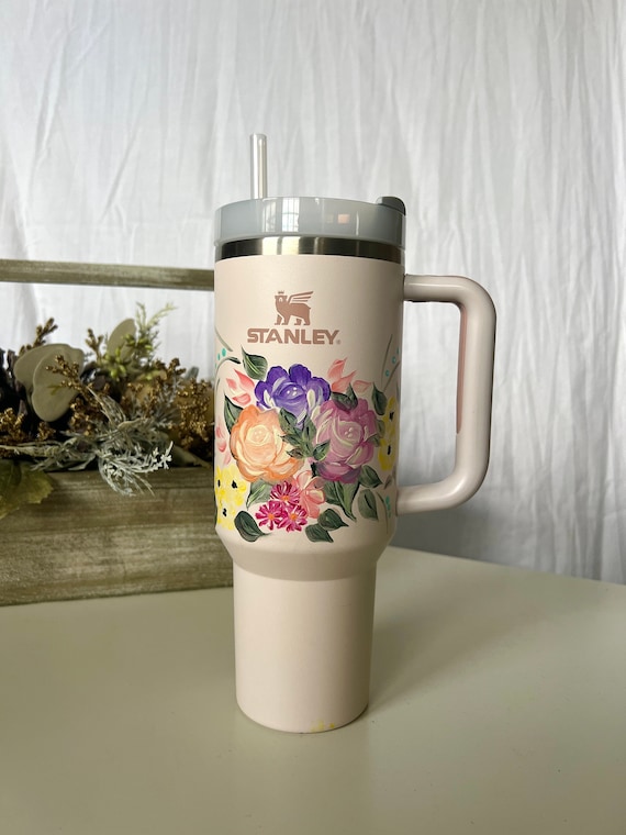 Painted Stanley 40oz Rose Quartz Tumbler Floral Design 