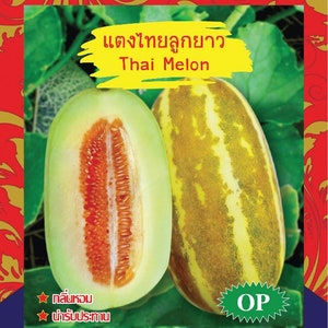 May include: A packet of Thai Melon seeds, featuring a close-up of two melons. One melon is cut in half, revealing a red and white interior. The other melon is whole and has a yellow and green striped exterior. The packet is labeled "Thai Melon" and "Golden Mountain".