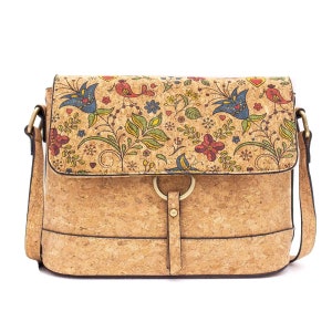 Natural Cork Crossbody Bag Vegan Leather Flowers Pattern