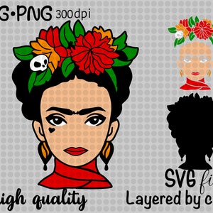 May include: A digital illustration of Frida Kahlo with a flower crown, red scarf, and a teardrop on her cheek. The image is layered by colour for easy editing.