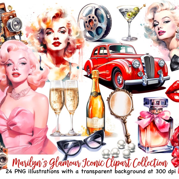 24 Marilyn Monroe-inspired clipart collection, Sublimation Marilyn Monroe Color Digital Clipart PNG For Stickers, T-Shirt, Mugs, Projects