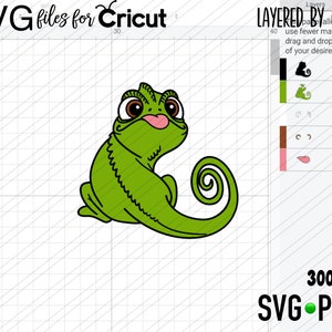 May include: A green chameleon with a curled tail and large, round eyes. The chameleon has a pink tongue sticking out. The image is labelled "SVG files for Cricut" and "300 dpi SVG PNG".