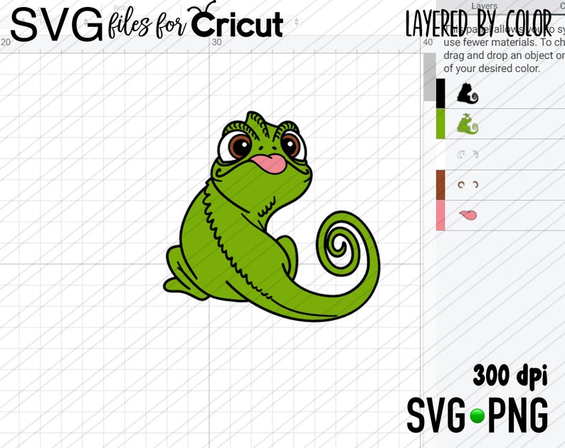 May include: A green chameleon with a curled tail and large, round eyes. The chameleon has a pink tongue sticking out. The image is labelled "SVG files for Cricut" and "300 dpi SVG PNG".