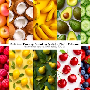 40 Patrón sin costuras fruta realista, papel digital de impresión de alimentos, fondo de pantalla de frutas realista, álbum de recortes de fondo de impresión de frutas comida saludable